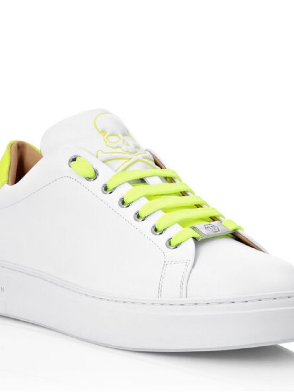 NEW Philipp Plein White Leather Sneakers with Neon Yellow Accents